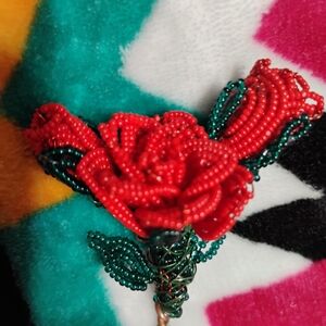 Red Beaded Rose Hair Accent with Green Leaves Women’s Jewelry